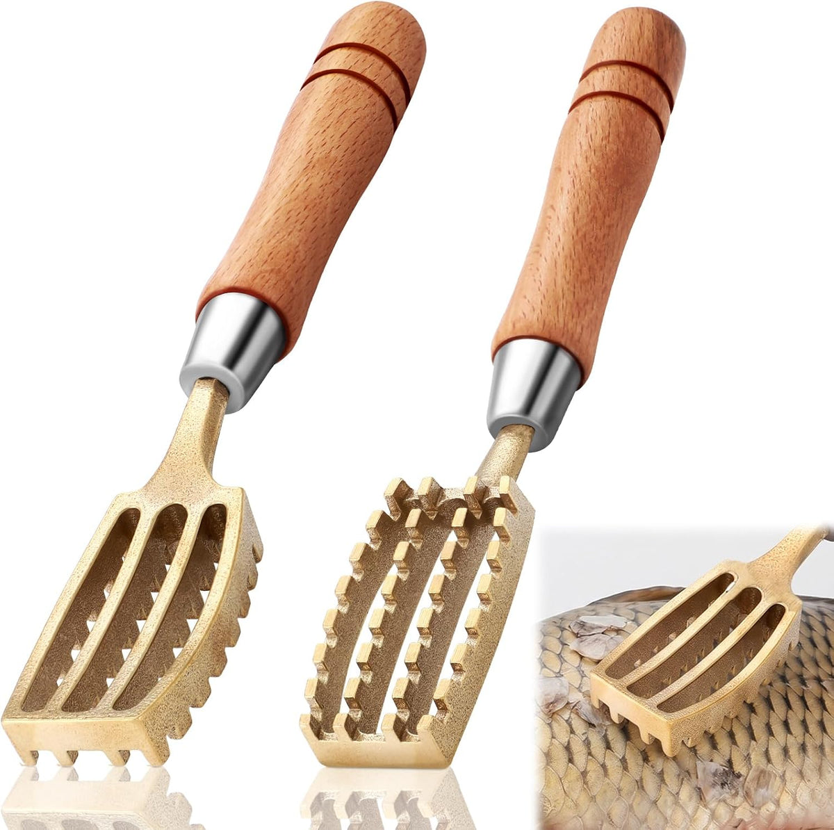 2 Pcs Brass & Wood Fish Scale Remover, Fish Cleaner Descaler Tool
