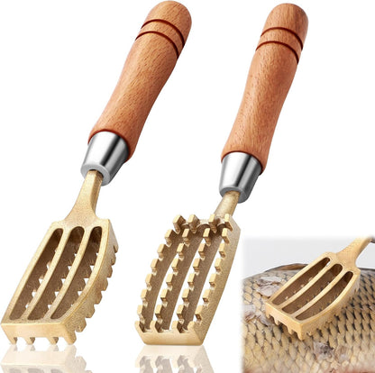 2 Pcs Brass & Wood Fish Scale Remover, Fish Cleaner Descaler Tool