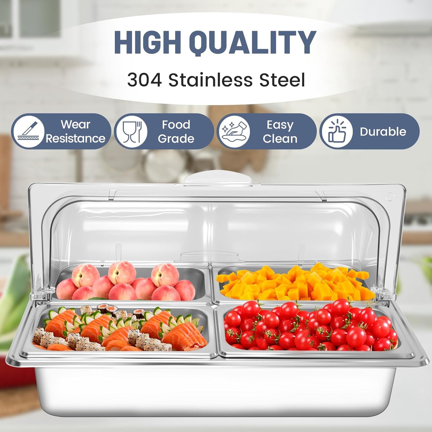 Countertop Ice Food Serving Display Tray with 4 Pan, Salad Bar Buffet Station for Home, Cold Food Buffet Server, Pizza Topping Station, Cold Buffet Table Serving Station for Party