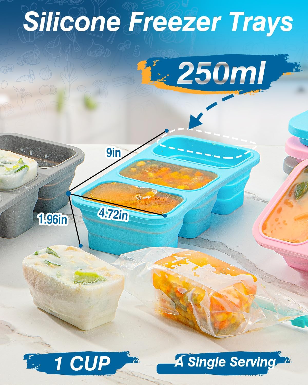 Silicone Freezer Trays With Lid, Stackable 1 Cup Silicone Freezer Molds, Easy To Use Soup Ice Cube Tray, Collapsible Freezing Molds for Meal Prep, Broth, Sauce, Leftovers, Soup Storage Gift Set