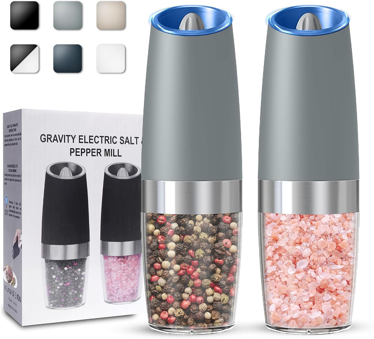 UNNEES Battery Operated Gravity Salt And Pepper Grinder Set, 2 Pcs (Black)