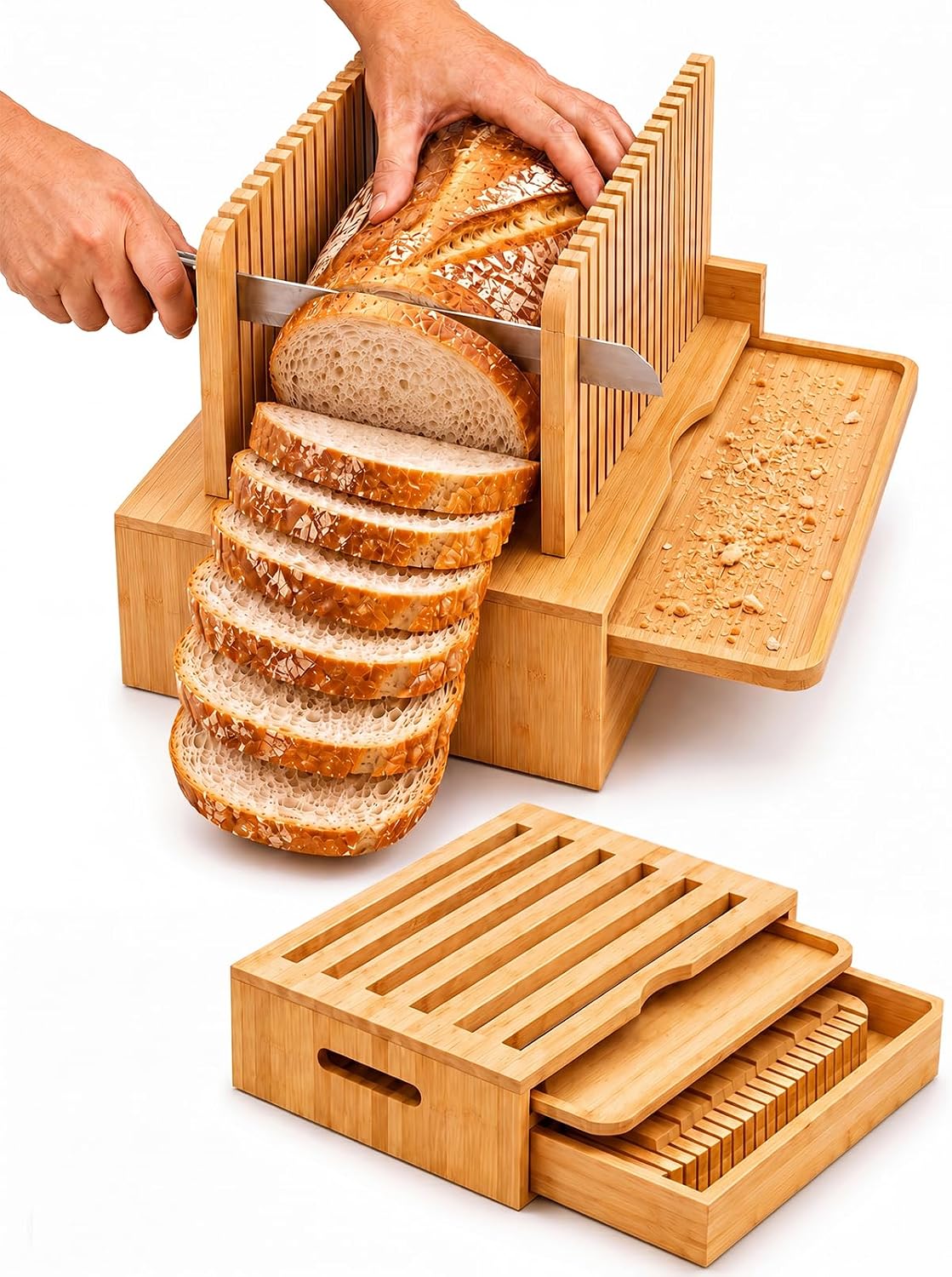 Natural Bamboo Bread Slicer, Bread Slicer Guide for Homemade Bread, Foldable Space-Saving Loaf Guide with Crumb Tray, Adjustable Thickness for Even Slices, Sturdy Cutter for Sourdough and Toast