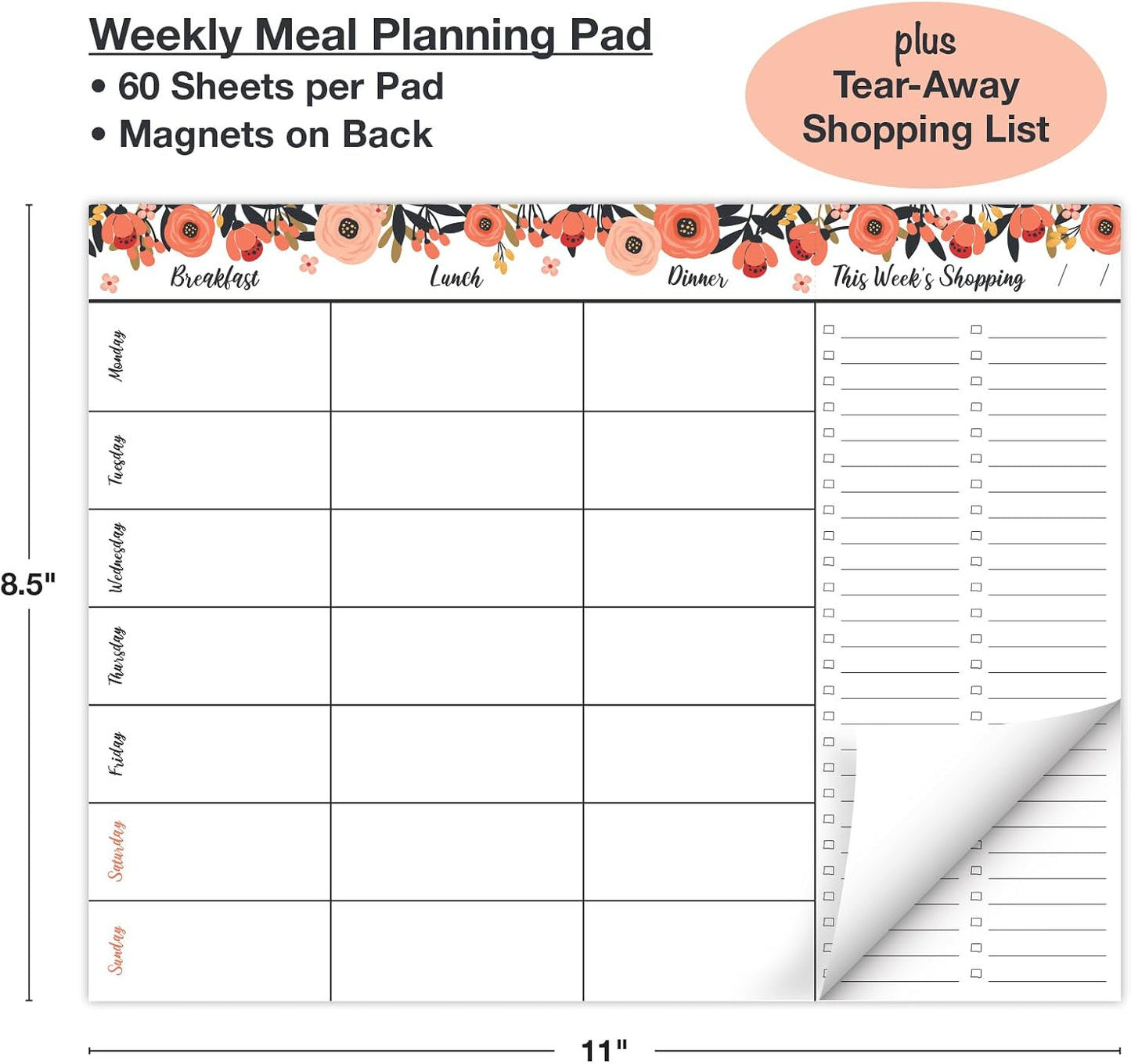 Global Printed Products 8.5" x 11" Horizontal Meal Planning Pad, 60-Sheets, Soft Pink Floral