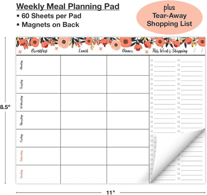 Global Printed Products 8.5" x 11" Horizontal Meal Planning Pad, 60-Sheets, Soft Pink Floral
