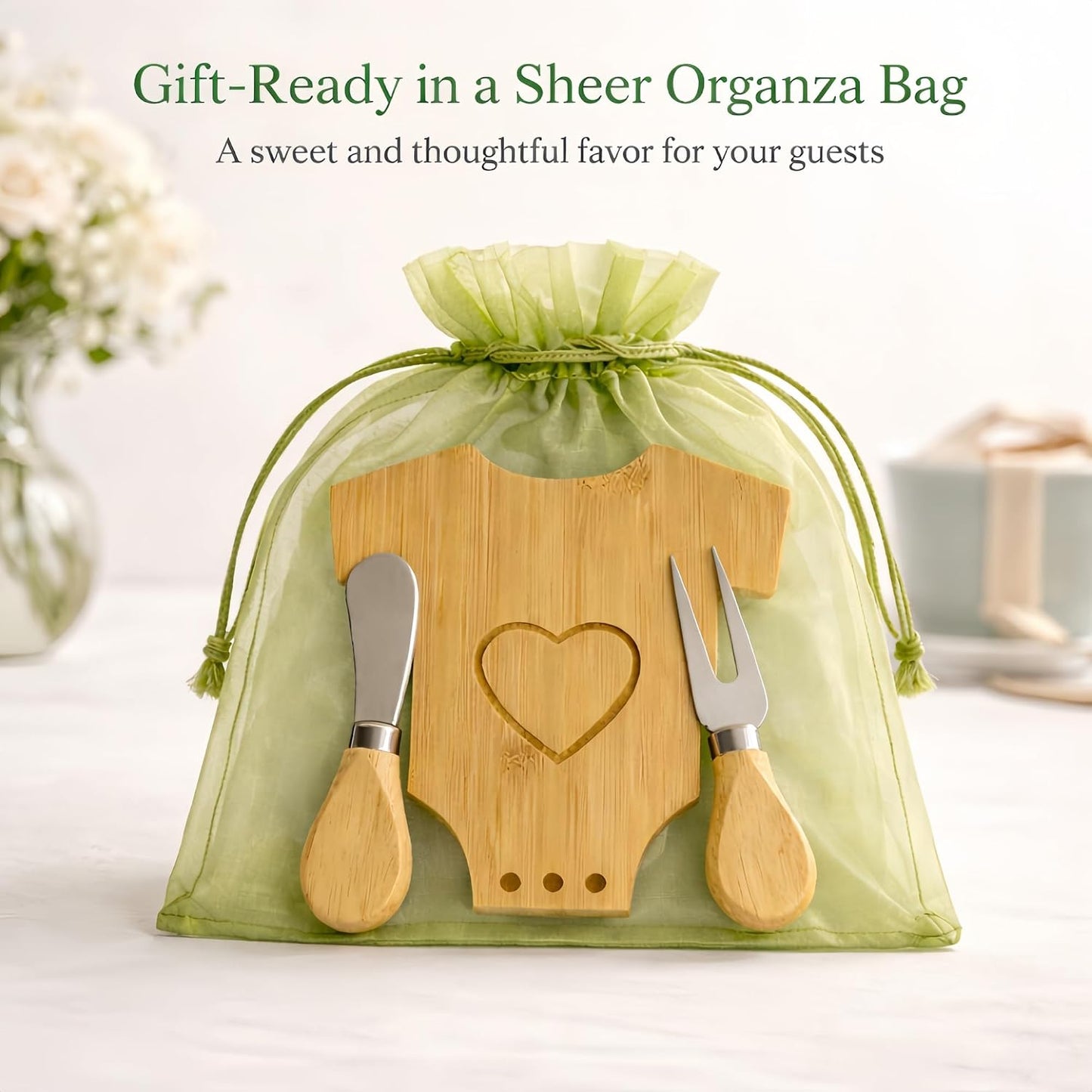 6 Sets Mini Wooden Cheese Board, Baby Shower Favors for Guests, Baby Shower Prizes for Game Winners, Baby Bodysuit-Shaped Bamboo Charcuterie Board Gift Set with Spreader Knife, Fork & Organza Bag