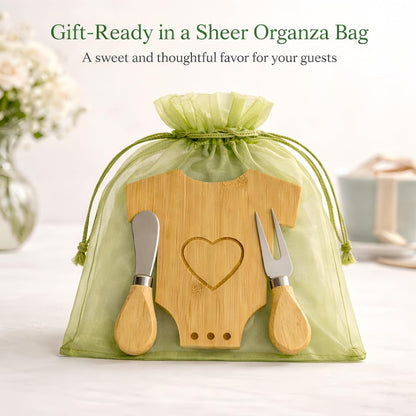 6 Sets Mini Wooden Cheese Board, Baby Shower Favors for Guests, Baby Shower Prizes for Game Winners, Baby Bodysuit-Shaped Bamboo Charcuterie Board Gift Set with Spreader Knife, Fork & Organza Bag
