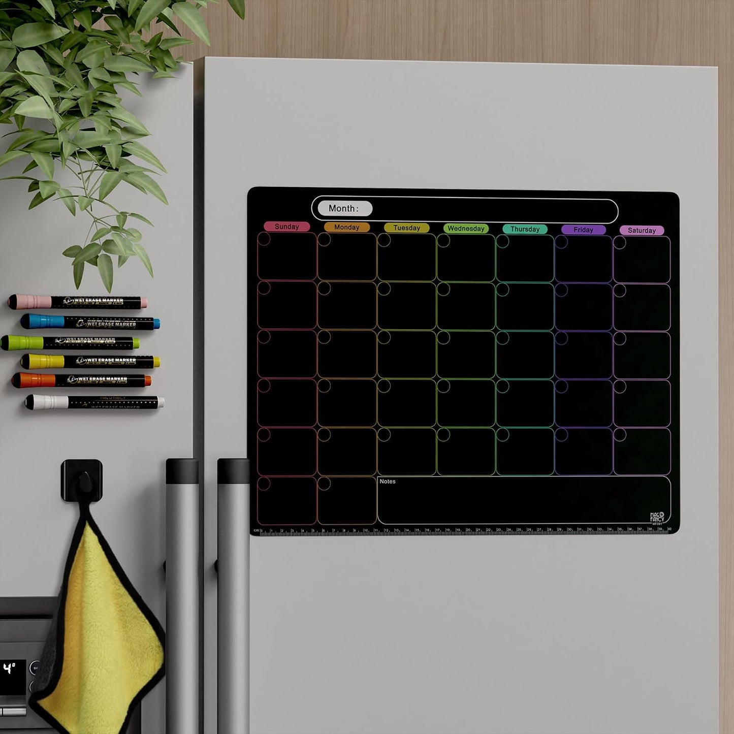 MAG-FANCY Magnetic Dry Erase Calendar for Refrigerator Weekly Chore Chart Schedule Planning Board 6 Fine Tip Wet EraseMarkers & Mounts for Wall Hanging Black