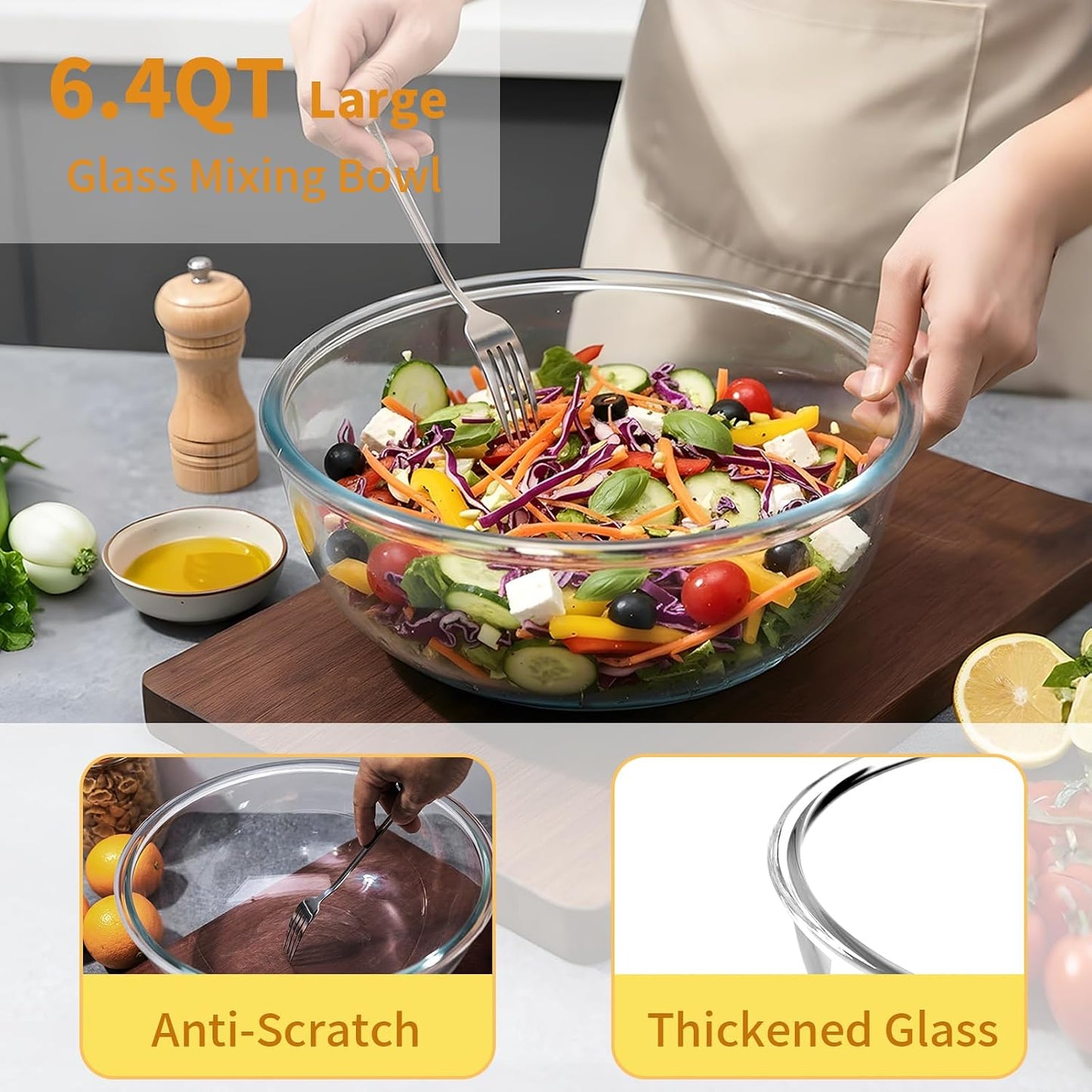 4.7Qt Large Glass Mixing Bowl with Lid, Clear Large Salad Bowls with Airtight Bamboo Lid & Handle,Thickened Glass Big Mixing Bowls Cooking Bowl for Serving, Food Prep, Kitchen,Borosilicate Glass