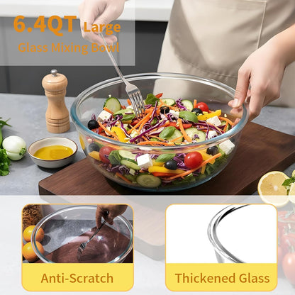4.7Qt Large Glass Mixing Bowl with Lid, Clear Large Salad Bowls with Airtight Bamboo Lid & Handle,Thickened Glass Big Mixing Bowls Cooking Bowl for Serving, Food Prep, Kitchen,Borosilicate Glass