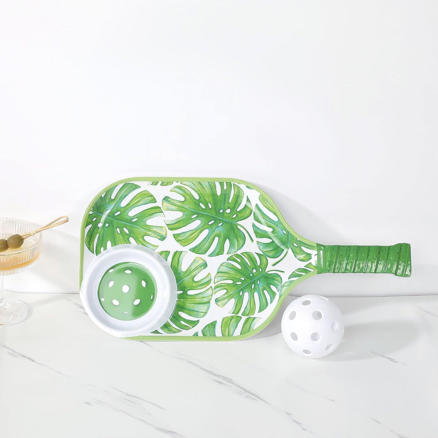 UPware Flamingo Melamine Chip and Dip Snack Tray, Tropical Floral Pickleball Paddle Shape Platter for Chips, Salsa, Fruits, and Appetizers, 15.75 x 8 Inch