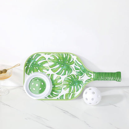 UPware Flamingo Melamine Chip and Dip Snack Tray, Tropical Floral Pickleball Paddle Shape Platter for Chips, Salsa, Fruits, and Appetizers, 15.75 x 8 Inch