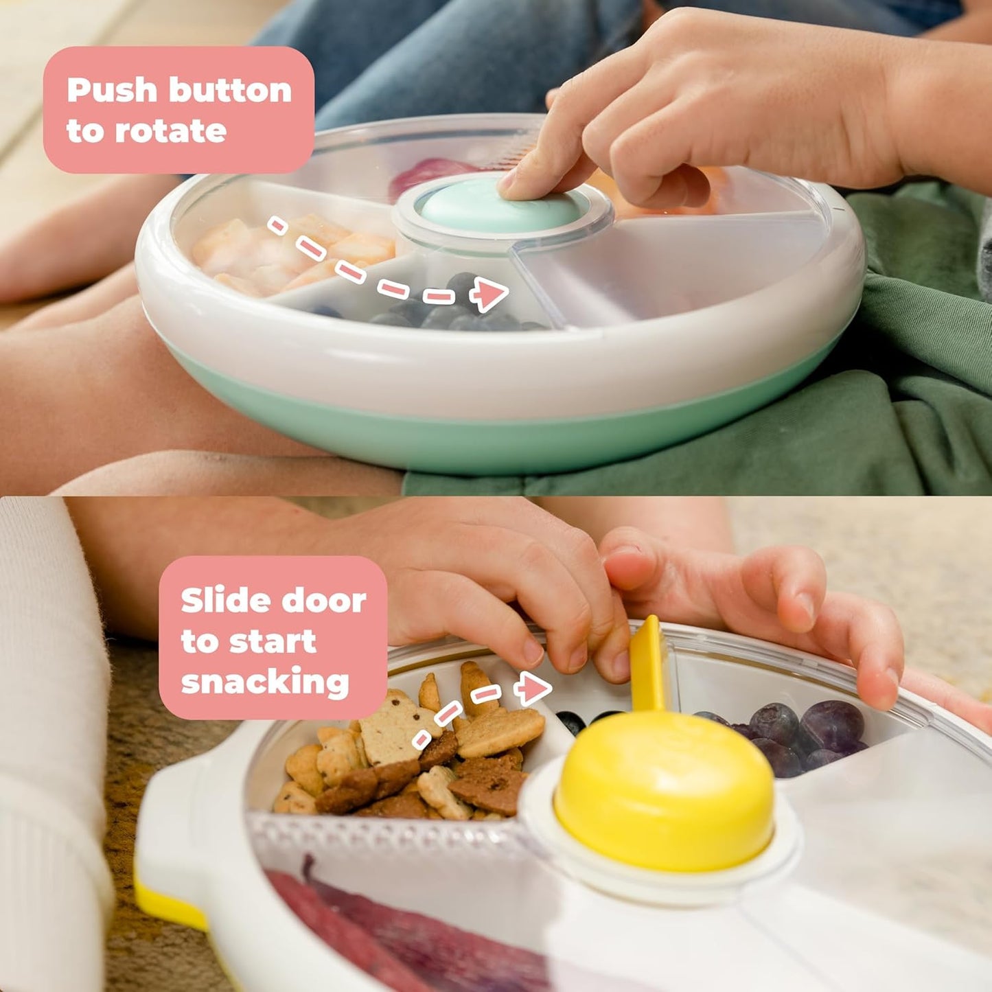 GoBe Kids Small Snack Spinner Flip Bundle with Hand Strap and Sticker Sheet - Reusable Snack Container with 5 Compartment Dispenser and Lid | BPA/PVC Free | Dishwasher Safe | No Spill- Mint Green