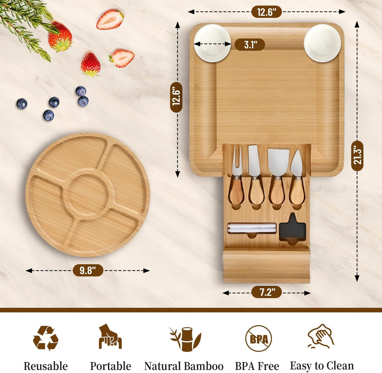 Premium Charcuterie Board with Lid – Bamboo Cheese Board Set with Utensils, Drawer & Fruit Tray – House Warming Gifts New Home, Wedding, Birthday, Bridal Shower (Black)