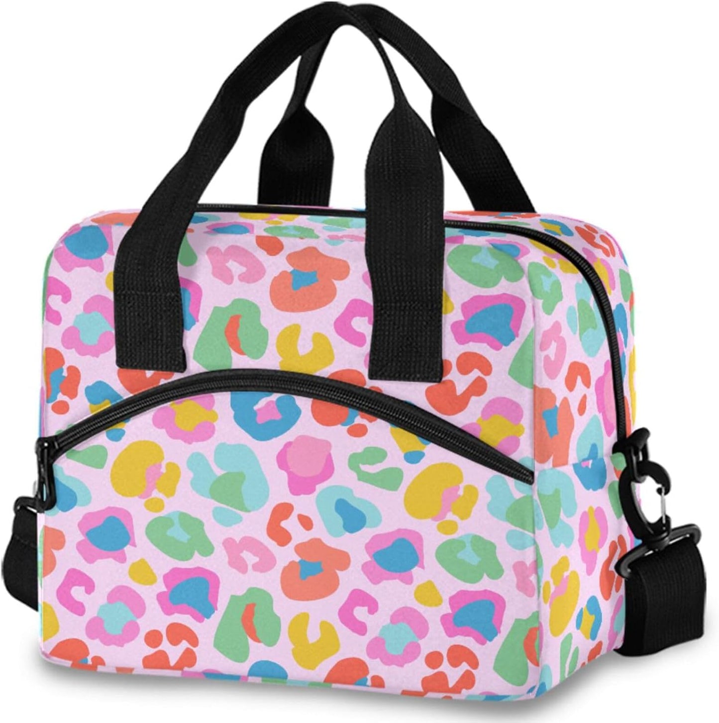 Colorful Leopard Insulated Lunch Bag Rainbow Animals Skin Print Reusable Cooler Lunch Tote Box with Shoulder Strap for Work Picnic School Beach