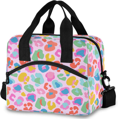 Colorful Leopard Insulated Lunch Bag Rainbow Animals Skin Print Reusable Cooler Lunch Tote Box with Shoulder Strap for Work Picnic School Beach