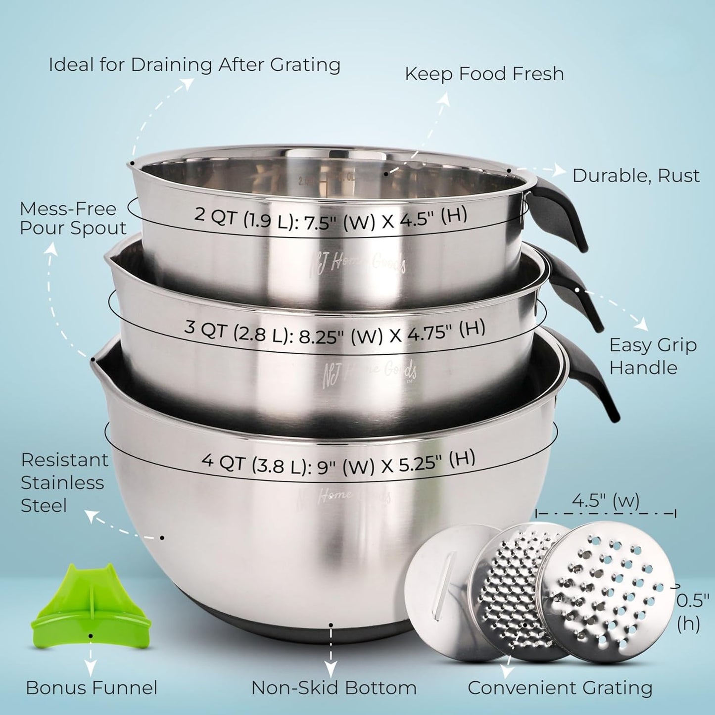 Homeware Stainless Steel Mixing Bowl With Lids Set Handles for Holidays: Gift Set For Kitchen With Pour Spout Non Slip Silicone Base On Bowls Strainer Graters For Kitchen