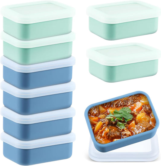 Lemecima 8 Pcs 1 Cup Silicone Freezer Trays with Lid - Rectangle Soup Freezer Containers - Reusable Food Preserving Tray - Freezing Ice Trays for Soups Sauces Stews (Sage Green, Dark Blue)