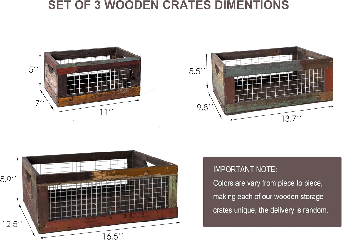 TIMRIS Set of 2 Rustic Wooden Countertop Baskets, Farmhouse Distressed Nesting Boxes, Small Decorative Wooden Storage Crates, Reclaimed Wood Organizer Baskets with Wire Mesh (Random)