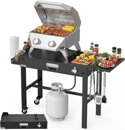 BESTFIRE 2-Burner Tabletop Propane Grill with Foldable Grill Cart, Portable Gas BBQ Station with Wheels & Prep Table, Dual-Fuel Setup for 1lb & 20lb Tanks, Stainless Steel Outdoor Kitchen for Camping