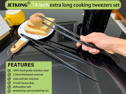 JETKONG 2 Pcs 12-Inch Kitchen Tweezers Fine Tweezer Tongs, Extra-Long Stainless Steel Cooking Tweezers (Silver)