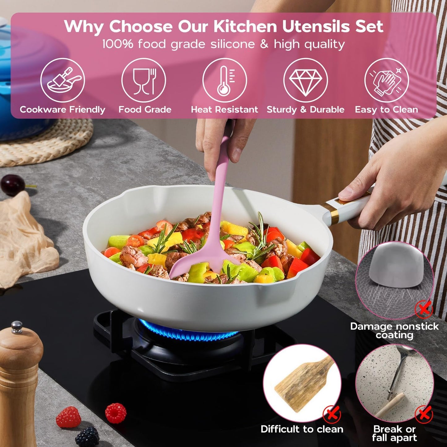 Onader Silicone Cooking Utensils Set of 10, Kitchen Utensils for Nonstick Cookware, Heat Resistant & Nontoxic Spatula Set- Khaki