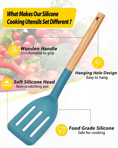 Pack of 4 Silicone Cooking Utensils Set, Non Stick Solid Spatulas and Heat Resistant Slotted Spoons with Wooden Handle, Ideal Wood Kitchen Utensils Set for Frying,Serving,Turning,Stirring (KHAKI)