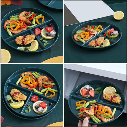 GALPADA Pp Plastic Three-compartment Divided Dinner Plate, 3-grid Portion Control Tray in Dark Green, Food-grade Plastic Breakfast Plate for Portion Management and Meal Prep