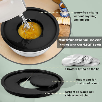 P&P CHEF Mixing Bowls with Lids Set of 6, Stainless Steel Nesting Salad Bowl & 3 Grater Attachments for Prepping Storing, 4.6/2.6/2/1.5/1/0.7 QT, Khaki
