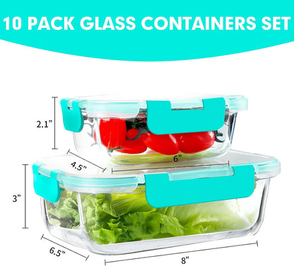 VERONES 10Pack Glass Meal Prep Containers, Airtight Glass Lunch Containers,Stackable Glass Food Storage Containers Set with Lids,Exclusive of BPA, for Microwave,Oven, Freezer&Dishwasher Friendly,Green