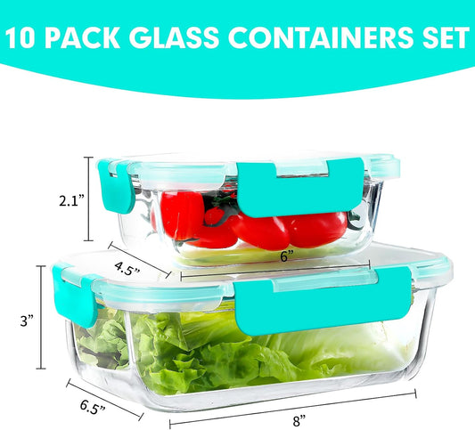 VERONES 10Pack Glass Meal Prep Containers, Airtight Glass Lunch Containers,Stackable Glass Food Storage Containers Set with Lids,Exclusive of BPA, for Microwave,Oven, Freezer&Dishwasher Friendly,Green