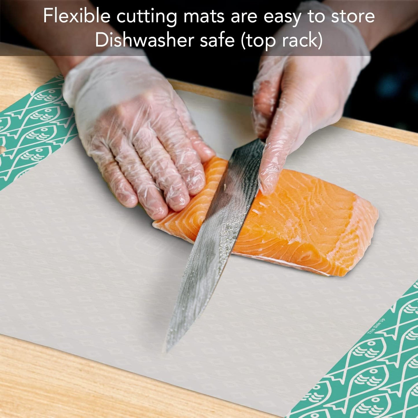 Cut N' Funnel Non-Slip Flexible Plastic Cutting Board Mat 4 Pack, Made in the USA Clear with Brightly Patterned Food Type Borders BPA Free 16" by 12"