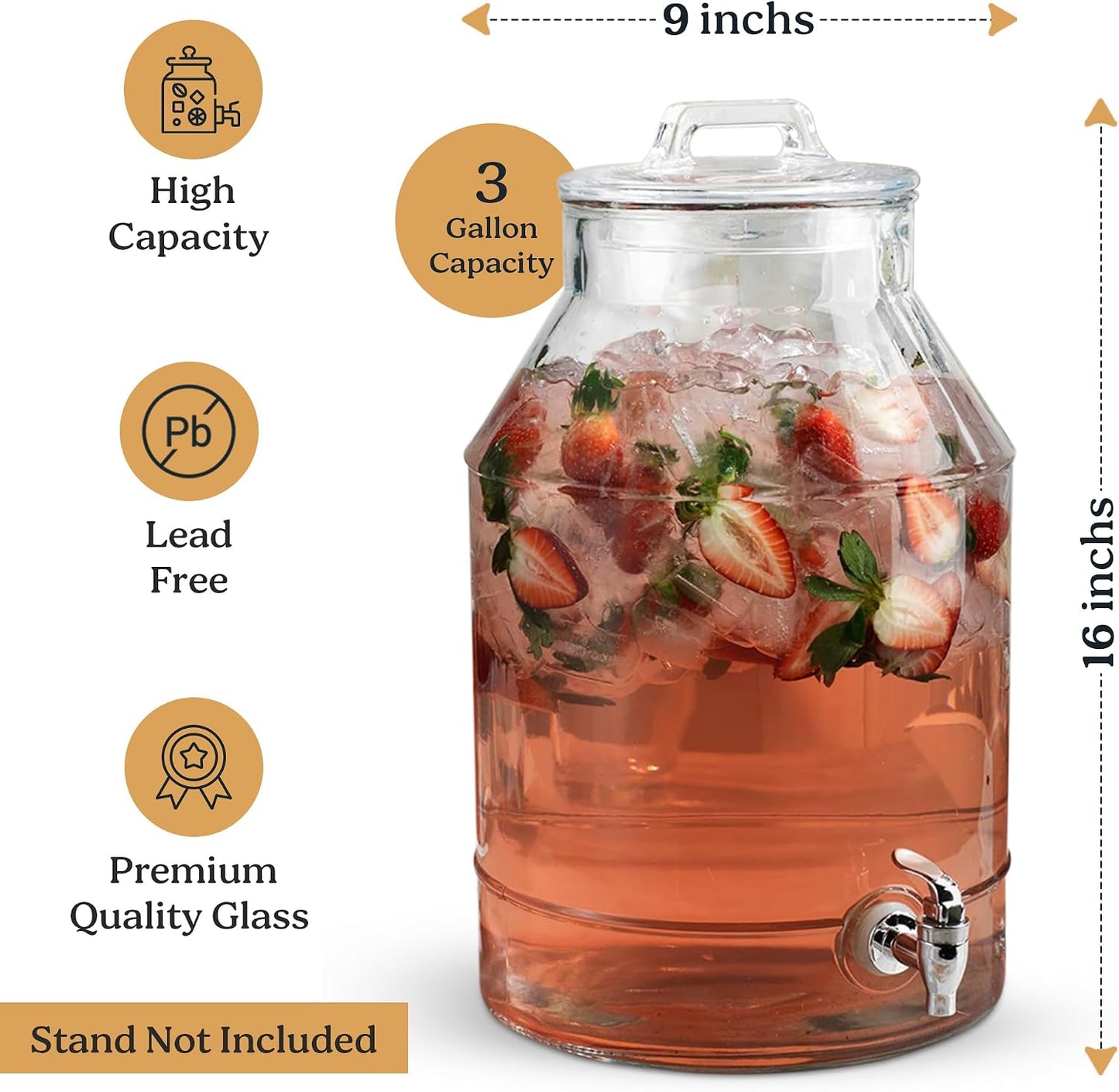 3 Gallon Glass Drink Dispenser with Metal Stand & Lid – Hammered Beverage Dispenser with Leakproof Spigot, Wide Mouth for Easy Fill – Ideal for Parties, Lemonade, Iced Tea, Sangria & More