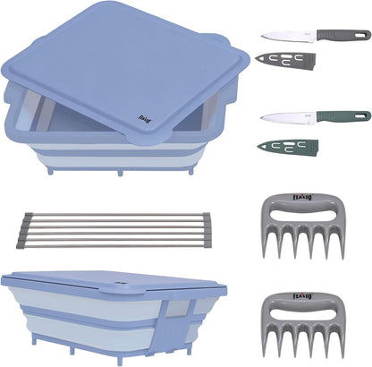 Feasto Collapsible BBQ Prep Tubs with Cutting Board, 9-IN-1, 2 Tubs Portable Grill Prep Station with Side Brackets, Lids, Knives, Meat Claws and Drain Rack, Space-Saving for Kitchen & Camping, Black