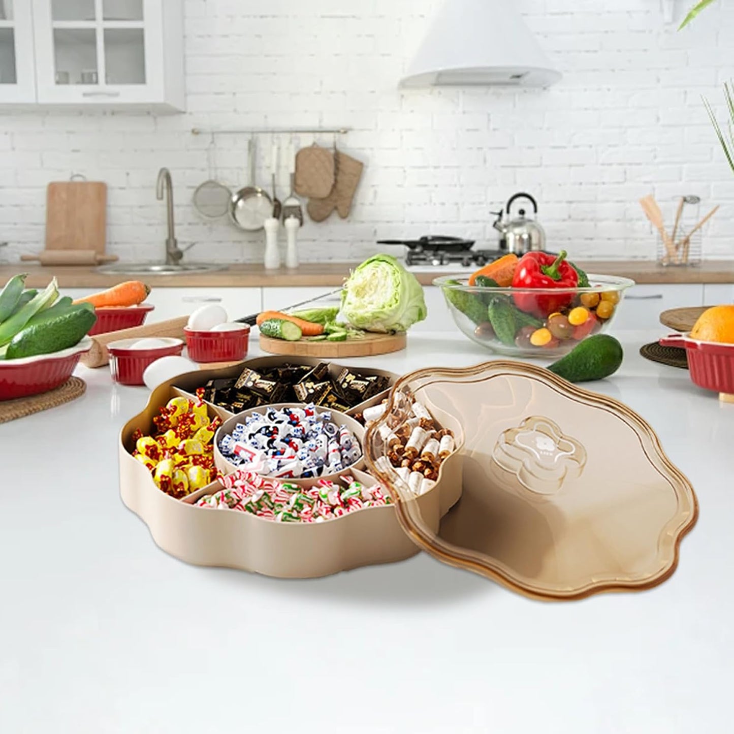 Dry Fruit Tray 5 Compartments Relish Tray with Lid Round Plastic Serving Dishes for Nut, Snack, Fruit, Candies, Cookie Home, Office 9.5x9.5x3.4 inch
