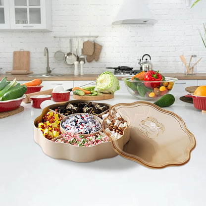 Dry Fruit Tray 5 Compartments Relish Tray with Lid Round Plastic Serving Dishes for Nut, Snack, Fruit, Candies, Cookie Home, Office 9.5x9.5x3.4 inch