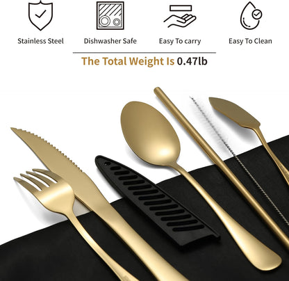 Camping Cutlery Set: Premium Portable Silverware Set with Case for Lunch Box, Travel, and Work Durable, Eco-Friendly, and Compact Utensils Including Fork, Spoon, and Knife for Adults on the Go