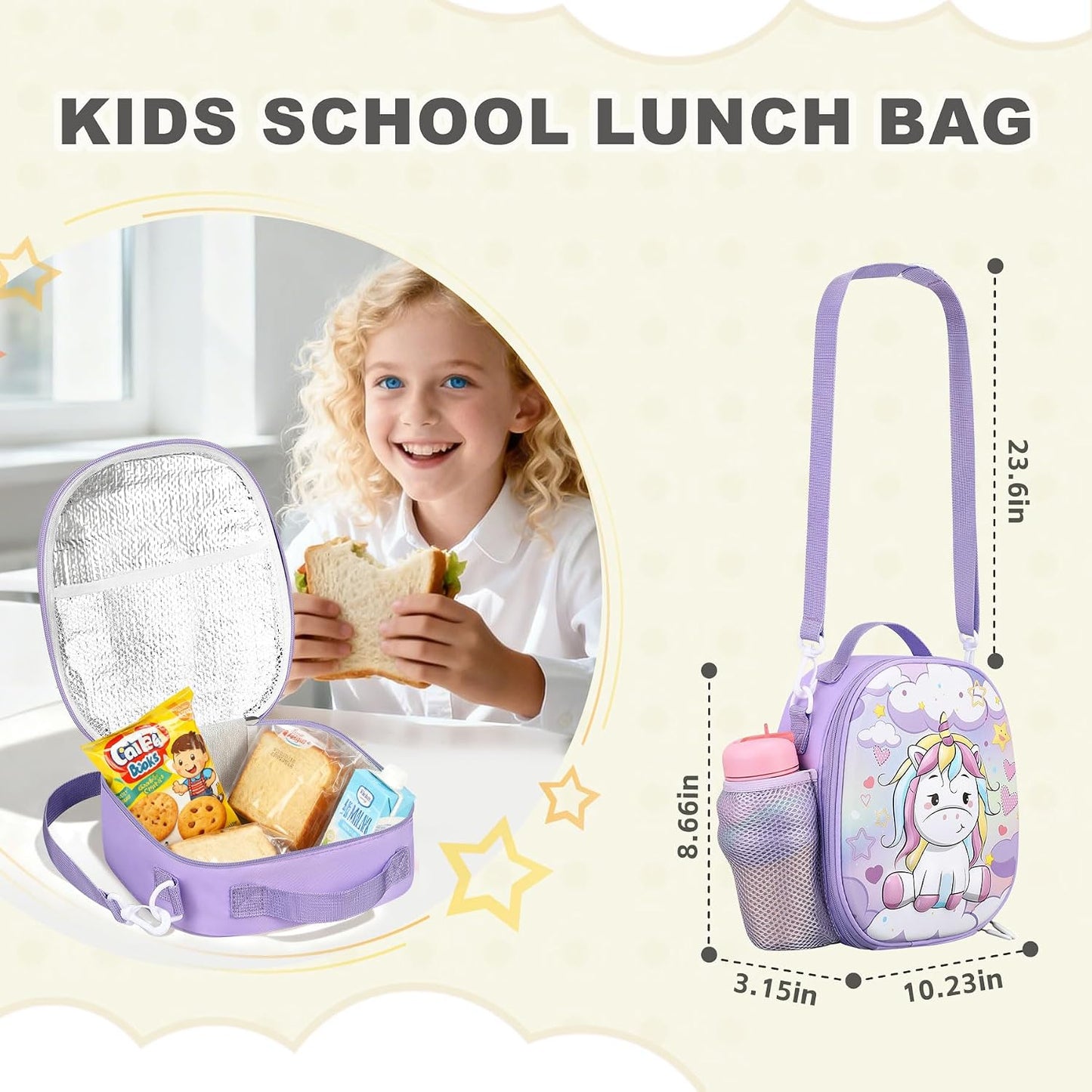 Kids Lunch Box for Kids Insulated Reusable Lunch Bag Tote Durable Children Leak-proof Lunchbox with Adjustable Shoulder Strap for School Daycare Travel Picnic (Navy - 3D Dinosaur)