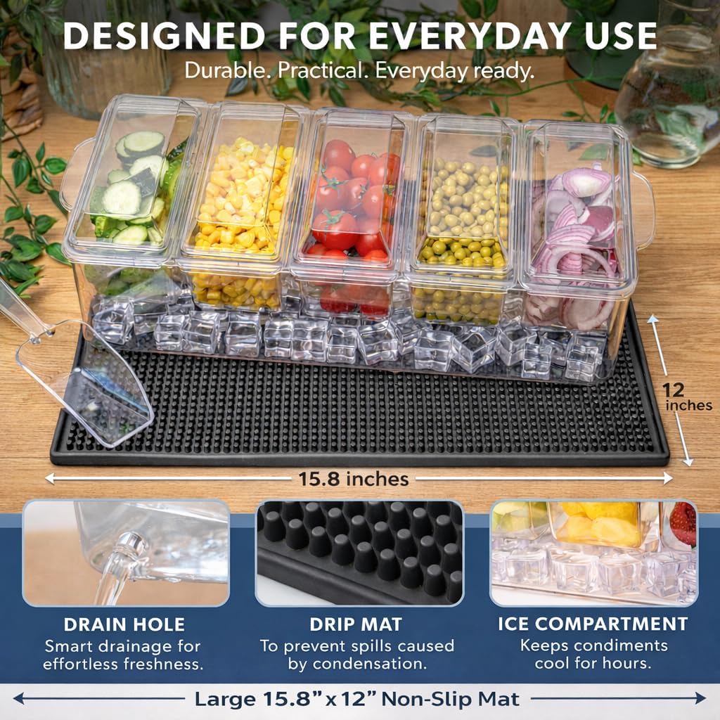 Ice Chilled Serving Trays for Party – 5Pcs Serving Dishes Condiment Cups with Lids Include Spill and Condensation Mat, Serving Utensils – Large Ice Tray and Convenient Draining Hole