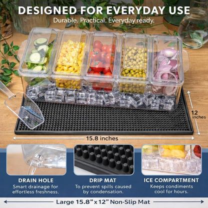 Ice Chilled Serving Trays for Party – 5Pcs Serving Dishes Condiment Cups with Lids Include Spill and Condensation Mat, Serving Utensils – Large Ice Tray and Convenient Draining Hole