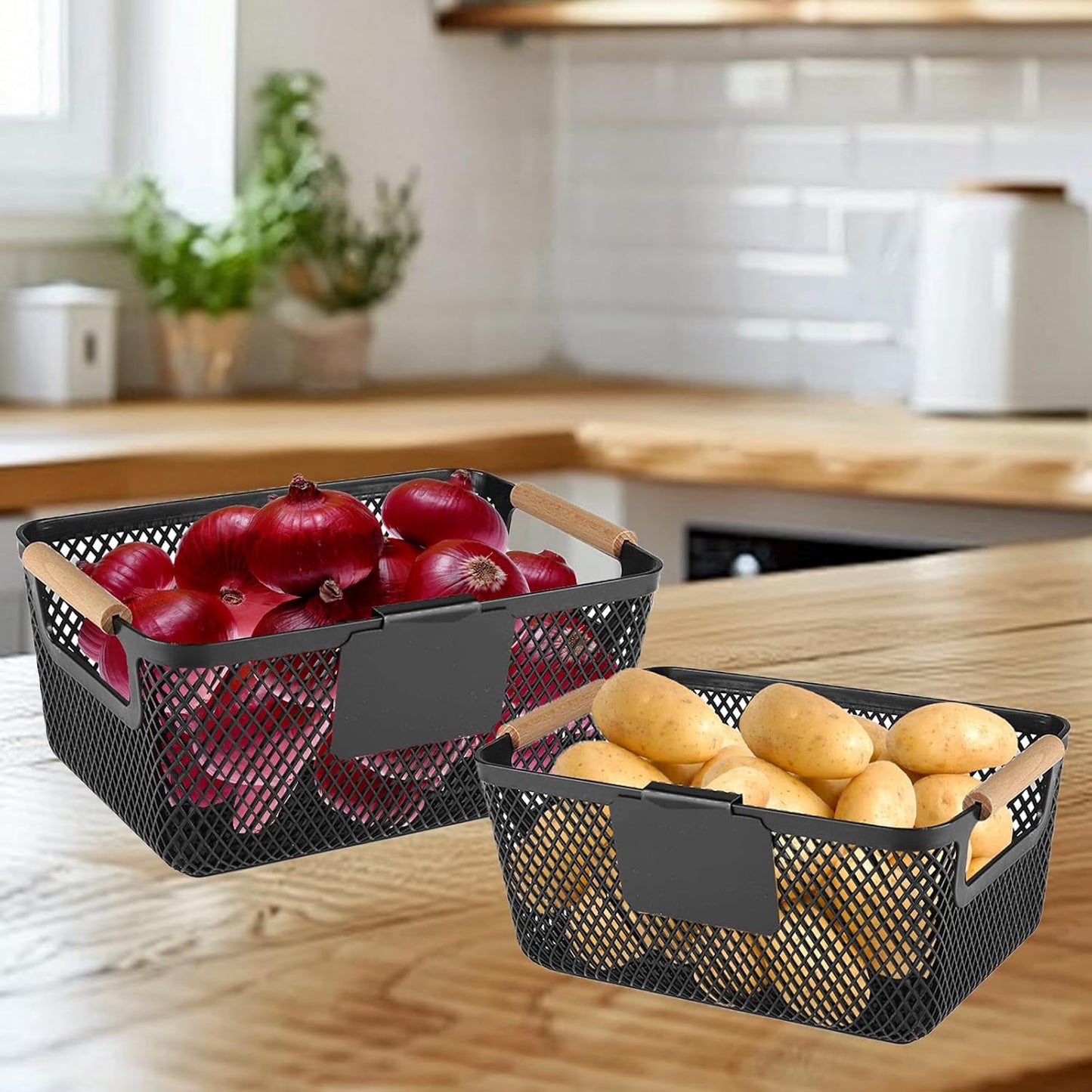 Onion and Potato Storage Baskets,A set of 2 Wooden Handle storage Basket Stackable Plastic Pantry Bins, Multifunctional Organizers for Kitchen, Countertop, and More Vegetable Storage Box (Black-2pack)