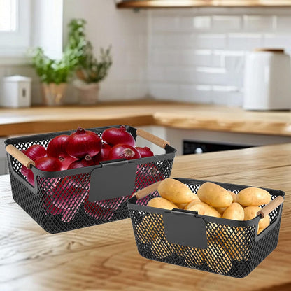 Onion and Potato Storage Baskets,A set of 2 Wooden Handle storage Basket Stackable Plastic Pantry Bins, Multifunctional Organizers for Kitchen, Countertop, and More Vegetable Storage Box (Black-2pack)