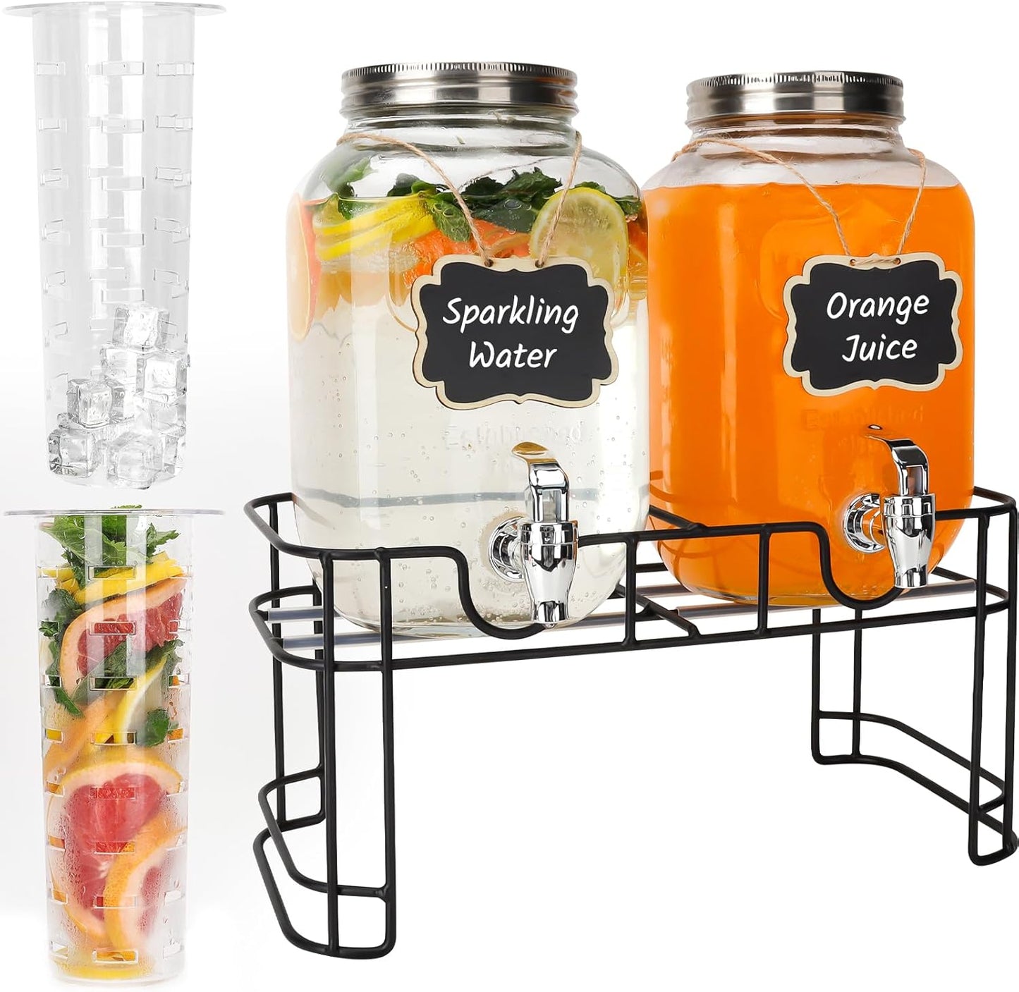 1 Gallon Glass Drink Dispensers with Wood Lid, 2 Pack Clear Beverage Dispenser with Stand and Spigot for Parties, Lemonade Dispenser with Markers and Chalkboard for BBQ, Picnic