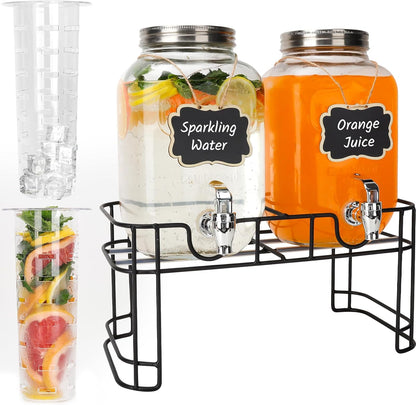 1 Gallon Glass Drink Dispensers with Wood Lid, 2 Pack Clear Beverage Dispenser with Stand and Spigot for Parties, Lemonade Dispenser with Markers and Chalkboard for BBQ, Picnic
