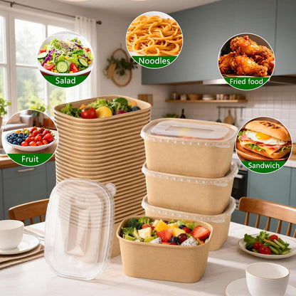 50 Sets 25oz Disposable Kraft Paper Bowls with Lids, Rectangle