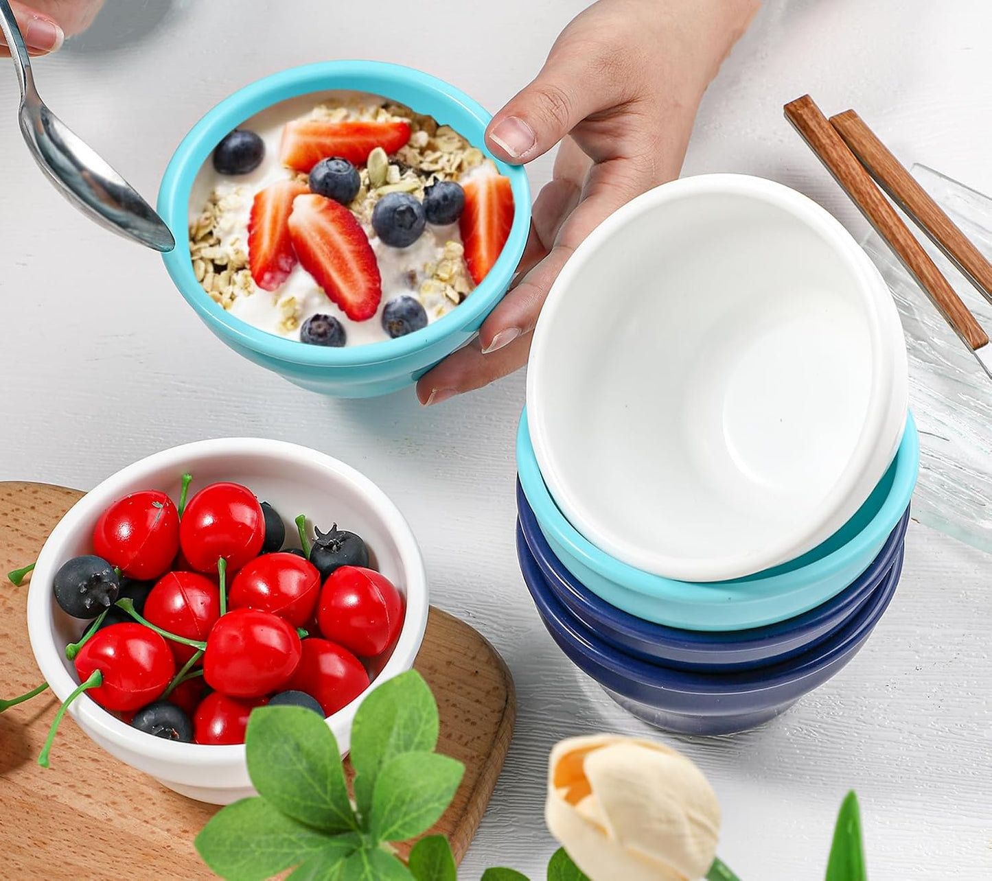 KOLUTI 6 Pack Silicone Bouillon Cups, 8oz Dessert Sauce Dipping Soup Prep Bowl, Small Ice Cream Creme Brulee Pudding Container, BPA Free, Oven, Microwave, Freezer and Dishwasher Safe