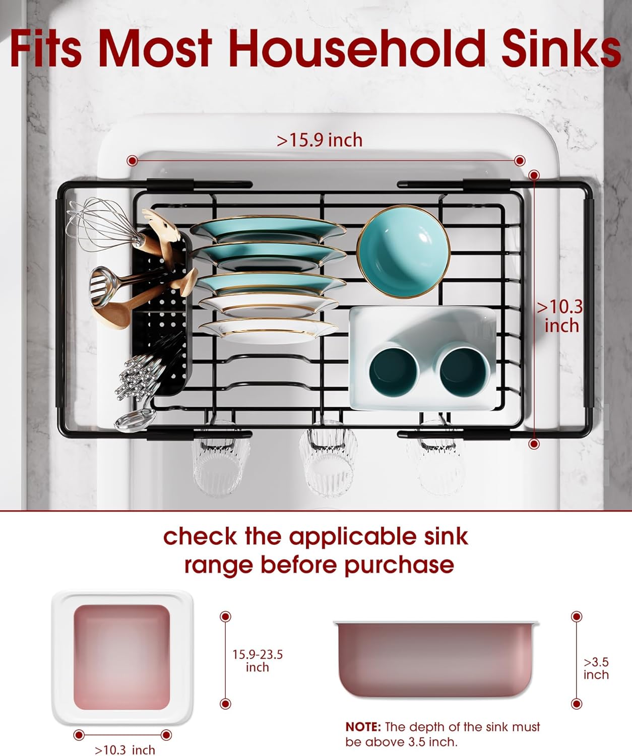 Sakugi Dish Drying Rack in Sink - Expandable Stainless Steel Dish Rack Over the Sink, Kitchen Sink Drain Strainer with Cutlery Holder & Cup Holders, 15.4 x 9.8 x 3.0 Inch, Black