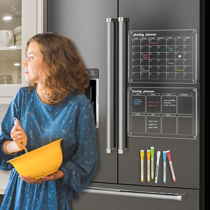WALGLASS Acrylic Calendar for Fridge, 8.5"x11" Gold Weekly Clear Acrylic Magnetic Dry Erase Board for Refrigerator, Set of 2 Stronger-Magnetic Reusable Fridge Planner, Includes 8 Liquid Chalk Markers
