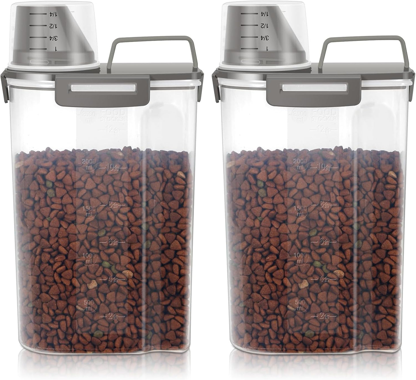LEAWALK 3-5Lbs Airtight Small Cat Dog Pet Food Storage Containers BPA Free, with Large Pour Spout/1 Measuring Cup/ 4 Safety Locks and Double-layer Silicone Strip (Clear Black 2Pack)