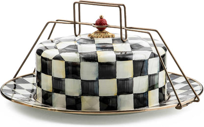 MACKENZIE-CHILDS Cake Carrier, Cake-Dish Serving Platter with Lid and Handles, White Flower Market with Black-and-White Courtly Check