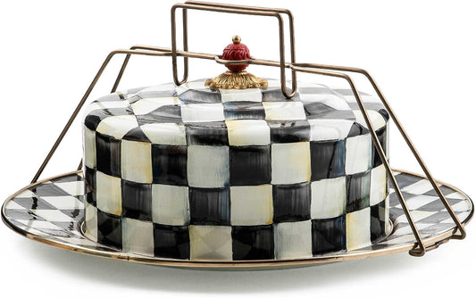 MACKENZIE-CHILDS Cake Carrier, Cake-Dish Serving Platter with Lid and Handles, White Flower Market with Black-and-White Courtly Check